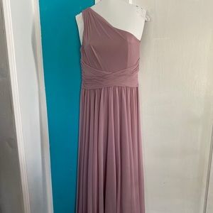 David’s Bridal blush one shoulder dress